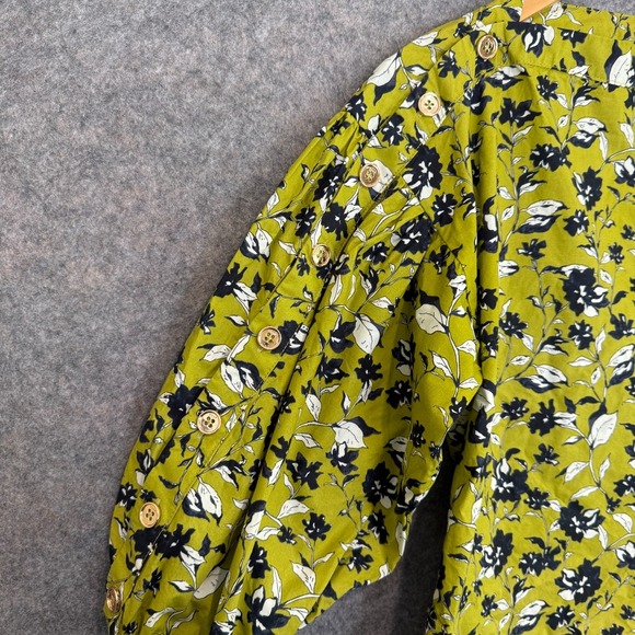 BURU Floral Cropped Button Sleeve Blouse Womens XS Lime Green Silhouette - Picture 4 of 13